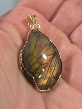 Genuine 1/20 14K Gold Wirewrapped Pendant With Unusual Golden Labradorite